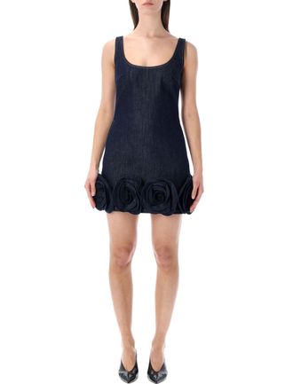 Self Portrait Indigo Denim Floral Appliques Mini Dress