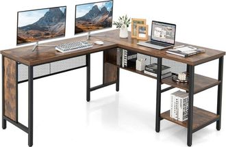 Costway Costway - Escritorio Esquinero 150 X 140cm, Escritorio En L Grande Con Estante, Mesa En L Oficina Casa, Marr&oacute;n R&uacute;stico