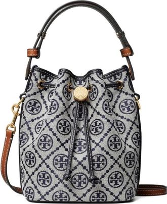 Tory Burch T Monogram Mini Bucket Bag - Dames - Schoudertassen - Blauw - ONE Size - Katoen - Tassen