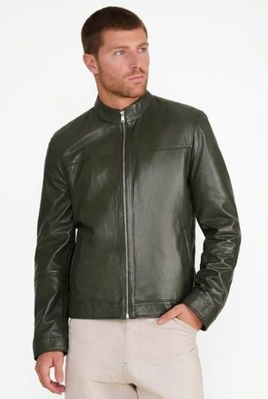 FURNIQ Otis Racer Leather Jacket in Khaki at Nordstrom, Size Xxx-Large
