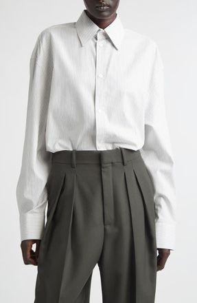 Saint Laurent Stripe Longline Cotton Button-Up Shirt in Blanc Gris at Nordstrom, Size 6 Us
