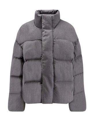 Entire studios Boxy Cropped Grey Down Jacket With Concealed Closure And Textured Fabric