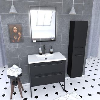Aurlane Mueble De Ba&ntilde;o 80cm, Lavabo Blanco, Espejo Led Y Columna - Negro- Structura