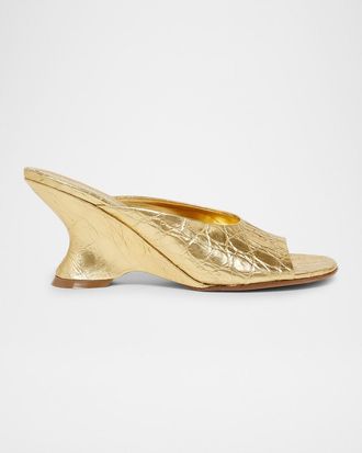 Dries Van Noten 75mm Croc-Embossed Metallic Leather Wedge Mules