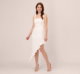 Adrianna Papell Asymmetrical Crepe Midi Dress With Flounce Hem In Ivory