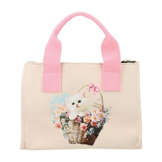 Msgm Msgm - Canvas Micro Tote met Kat en Bloemmand Print - Dames - Tassen - Beige - Maat: ONE Size Katoen