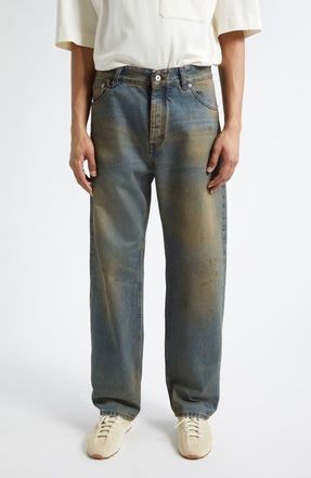 Jacquemus Le De-N&icirc;mes Berger Straight Leg Jeans in Distressed Blue/Tabac at Nordstrom, Size 30