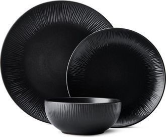 Mikasa Jardin Midnight - Vajilla De Cer&aacute;mica De 12 Piezas Para 4 Personas Con Platos Llanos, Platos Laterales Y Cuencos, Color Negro, En Caja De Regalo Y Apt