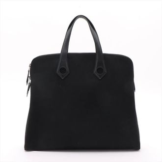 Herm&egrave;s Black Leather Canvas Shoulder Bag Tote Bag (Pre-Owned)