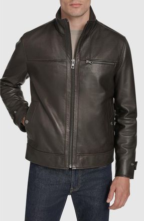 Andrew Marc Stand Collar Leather Jacket in Chocolate at Nordstrom, Size Xx-Large