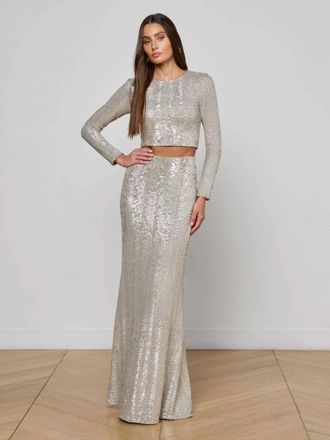 L'agence Zeta Sequin Long Skirt In Silver