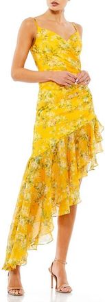 Mac Duggal Floral Ruffle Asymmetrical Hi Low Hem Dress in Yellow Multi at Nordstrom, Size 4