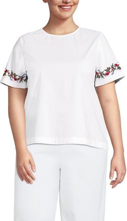 Lands End Poplin Eyelet Back Tie Shirt in Cherry Border/white at Nordstrom, Size 1X