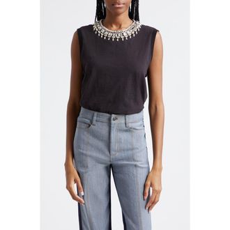 Cinq &agrave; Sept Brielle Embellished Jewel Cotton Tank in Black at Nordstrom Rack, Size Large