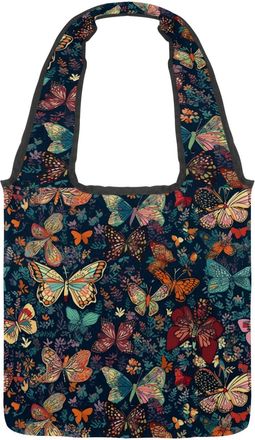 Generic Retro Butterflies and Leaves Reversible Canvas Shoulder Tote - Double-Sided Print, 12oz Cotton, 27cm Drop, Fold-Flat Bag for Travel, Shopping, Street 
