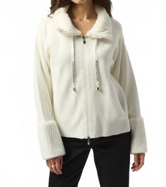 Joseph Ribkoff Sweater Knit Fur Trim Long Sleeve Jacket In Winter White