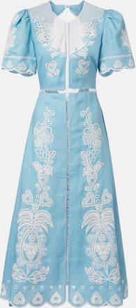 Farm Rio Abito midi in lino con schiena scoperta e ricamo