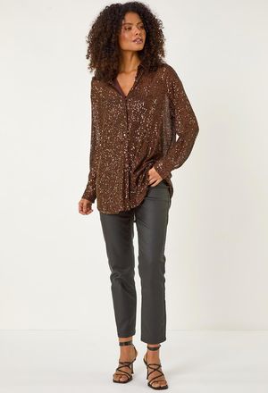 DUSK Sequin Button Through Stretch Blouse