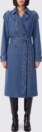Anine Bing Long Double-Breasted Trench Coat in Cotton Denim with a Waist Belt