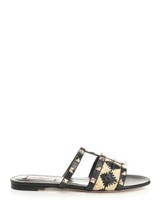 Valentino Garavani Raffia And Leather Sandal Sandali Nero-Donna