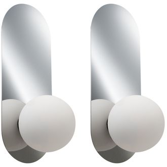 Beliani Conjunto De 2 L&aacute;mparas De Pared Ovaladas Con Pantallas Esf&eacute;ricas De Vidrio Opalino Plateado Leisi