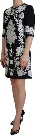 Dolce & Gabbana Womens Black Lace Trim Half Sleeves A-Line Dress
