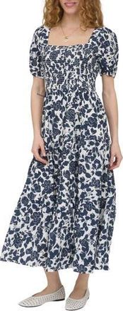 August Sky Puff Sleeve Smocked Midi Dress in Navy Multi at Nordstrom Rack, Size Medium