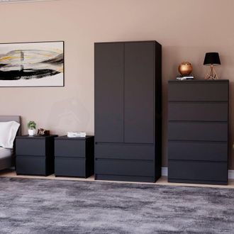 Home Discount Home Discount - 4 Piece Denver Bedroom Set, 2 Drawer Large Bedside Chest x2, 5 Drawer Chest, 2 Door 2 Drawer Wardrobe, Black
