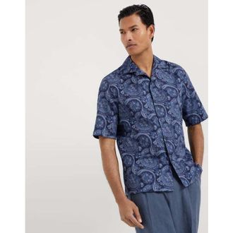 Brunello Cucinelli Mens Navy Paisley Short Sleeve Shirt, Size XS