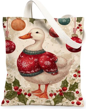 Generic Christmas Duck Canvas Tote Bags, Vintage Holiday Bird Pattern Reusable Grocery Bags, Winter Lightweight Washable Shoulder S, White, 13x15 Inch