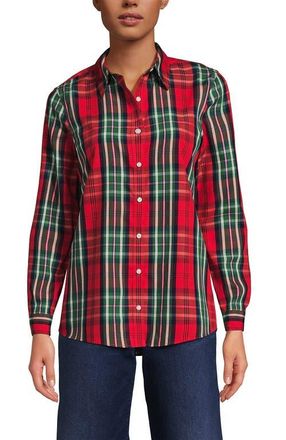 Lands End No Iron Supima Cotton Long Sleeve Shirt in Compass Red/emerald Plaid at Nordstrom, Size 12P
