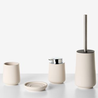 Beliani Conjunto De 4 Accesorios De Ba&ntilde;o Jabonera Dispensador De Jab&oacute;n Escobilla Para El Inodoro Vaso Beige Suches