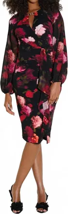 Joseph Ribkoff Floral Chiffon Puff Sleeve Sheath Dress In Black/multi
