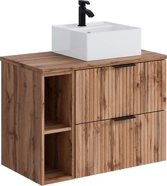 Vente-Unique Mueble de ba&ntilde;o suspendido con estantes y lavabo cuadrado sobre encimera - Natural claro - L80 cm - ZEVARA