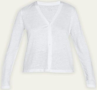 Majestic Filatures V-Neck Button-Down Long-Sleeve Stretch-Linen Cardigan