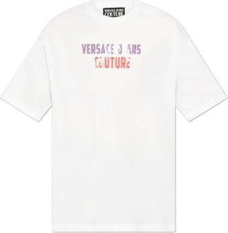 Versace Jeans Couture Tops, Heren, Wit, L, Katoen, T-shirt met Gedrukt Logo