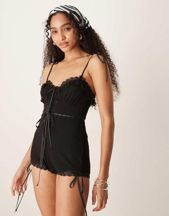 For Love & Lemons Joan - Tuta corta nera con nastro-Nero