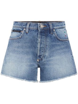 Philipp Plein logo-appliqu&eacute; denim shorts - Blue