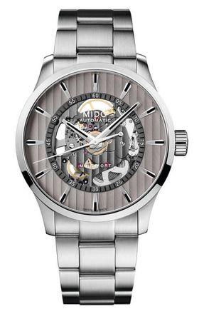 Mido Multifort Skeleton Vertigo Automatic Bracelet Watch, 42mm in Silver at Nordstrom