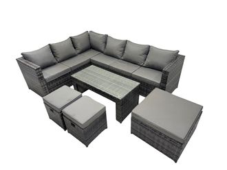 Fimous 6 Pieces Garden Furniture Corner Sofa Set Set with Cushions Footstools in Dark Grey