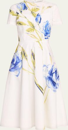 Teri Jon Cotton Floral Print Short-Sleeve Midi Dress