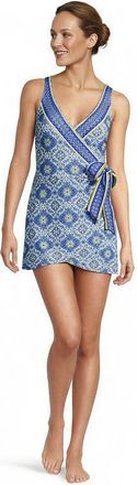 Lands End Side Tie Mini Swim Dress Swimsuit in Seashell Geo/navy Border at Nordstrom, Size 14