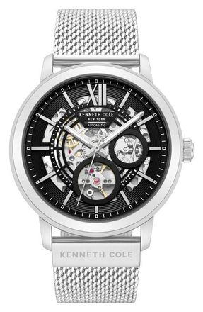 Kenneth Cole Pacific Skeleton Dial Automatic Mesh Strap Watch, 43.6mm in Silver at Nordstrom