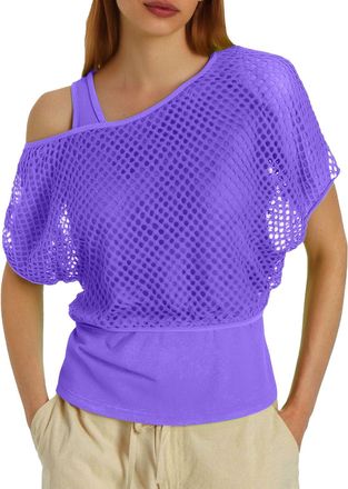 Generic 80S Fancy Dress for Women,Neon Fishnet Mesh T-Shirt,Fancy Fishnet Top for Women, Tank Top 1980S Costumes Neon Off Shoulder Mesh T-Shirt Accessories Re