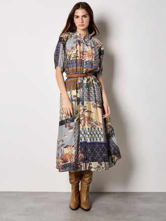 Apricot High Neck Patchwork Midi Shirt Dress in Navy at Nordstrom, Size X-Small