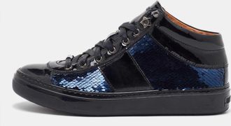 Jimmy Choo London Black/navy Blue Patent Leather And Sequins Low Top Sneakers