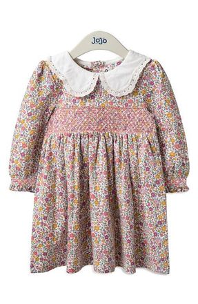 JoJo Maman B&eacute;b&eacute; Peter Pan Collar Floral Print Smocked Cotton Dress in Pink at Nordstrom, Size 18-24M