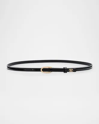 Valentino Garavani VLogo Signature Vernice Rhinestone Thin Leather Belt, 10mm