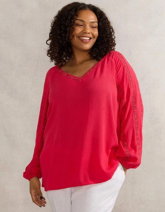 Live Unlimited London Womens Raspberry Crinkle Crochet Insert Blouse - Pink/Red - Size: 16
