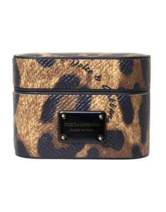 Dolce & Gabbana Womens Brown Leopard Calf Leather Metal Logo Plaque Airpods Case Accessory